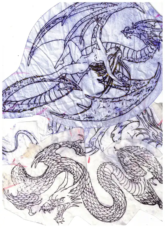 Calco escaneado: dragones a línea trazados en azul.