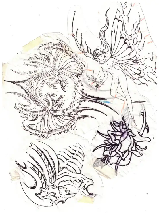 Calco escaneado: rostros y flores a línea sobre papel vegetal.