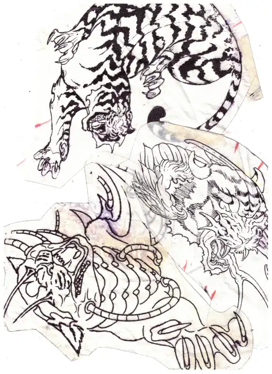 Calco escaneado: tigre, criaturas y ornamentos a línea.