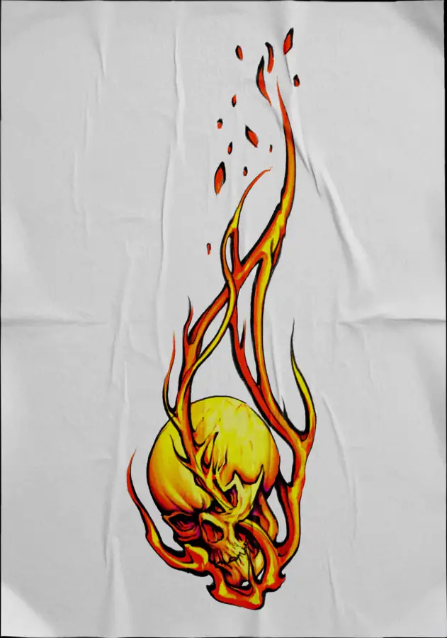 Diseño de tatuaje a color sobre tela: una calavera envuelta en llamas naranjas.