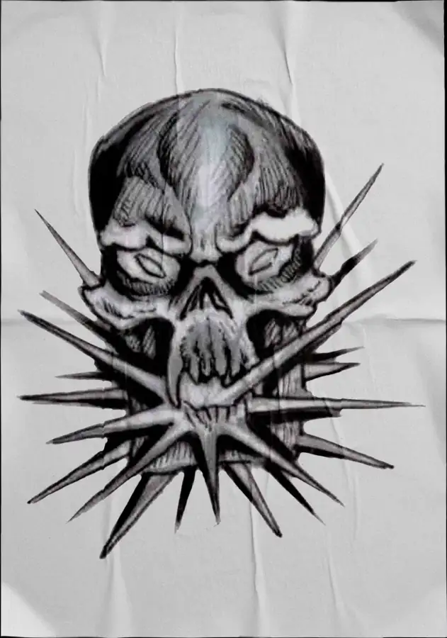 Diseño de tatuaje en negro sobre tela: calavera sobre una estrella de púas.
