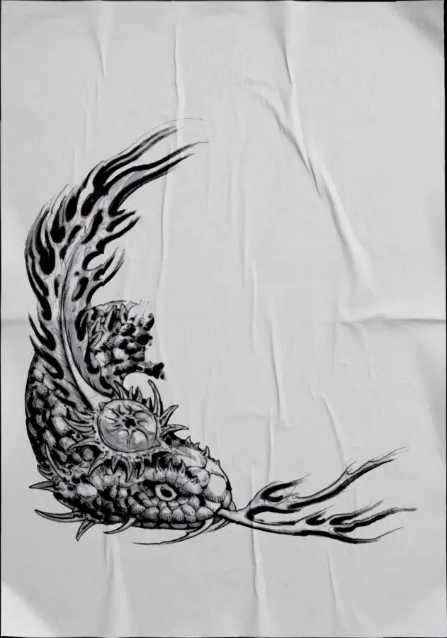 Diseño de tatuaje en negro sobre tela: carpa de escamas entre llamas.