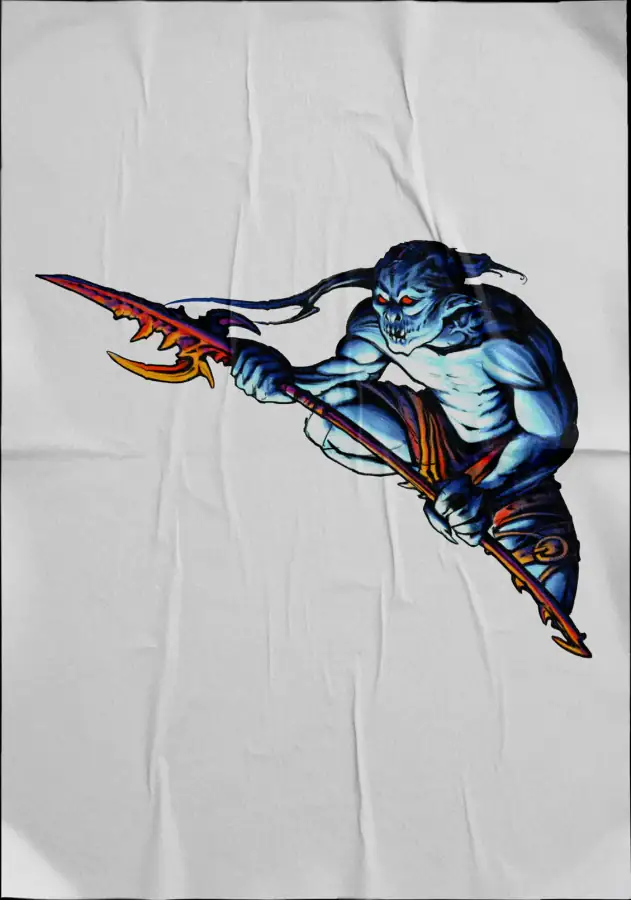 Diseño de tatuaje a color sobre tela: criatura azul con lanza en posición de ataque.