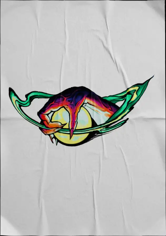 Diseño de tatuaje a color sobre tela: criatura verde tendida con alas membranosas.