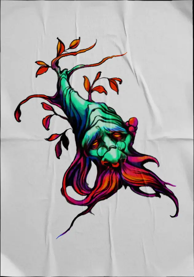 Diseño de tatuaje a color sobre tela: criatura verde de melena roja enroscada en una rama.