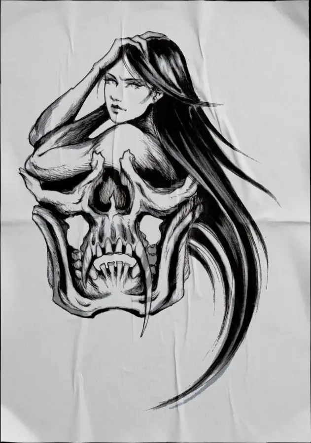 Diseño de tatuaje en negro sobre tela: calavera con una figura femenina.