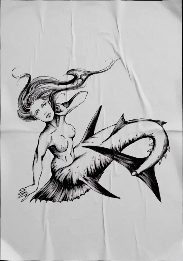 Diseño de tatuaje en negro sobre tela: sirena con cola de escamas.