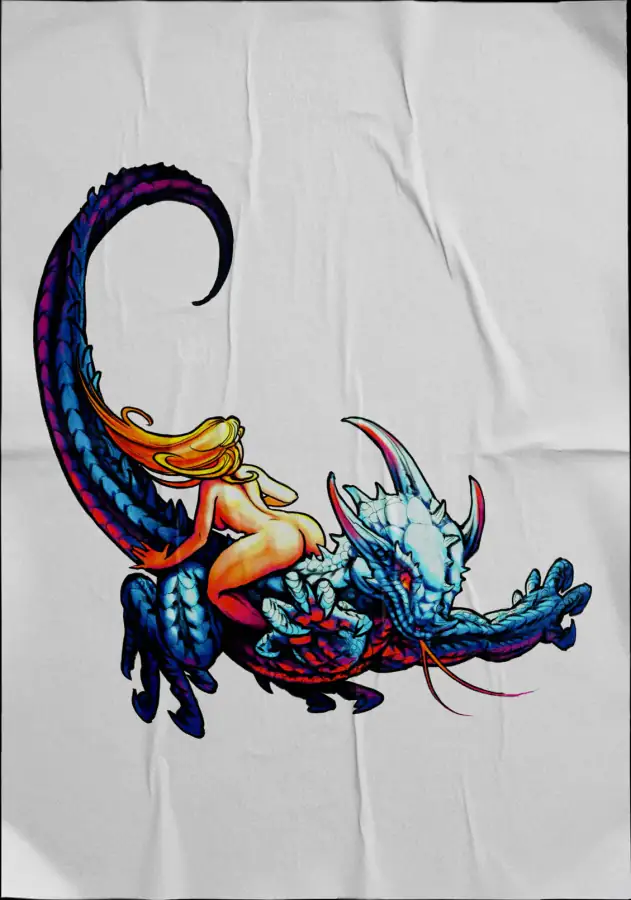 Diseño de tatuaje a color sobre tela: un dragón azul de cola larga con una sirena.