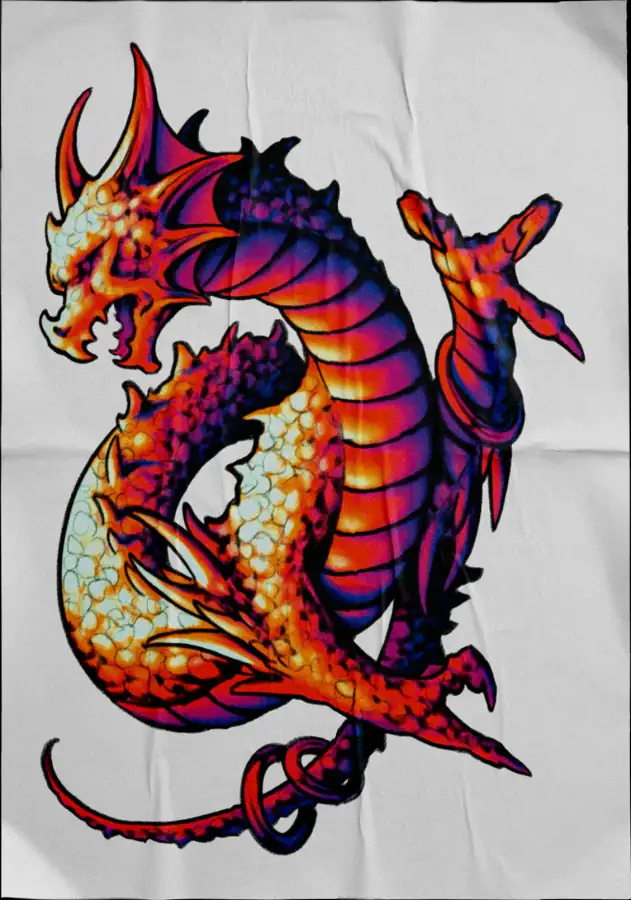 Diseño de tatuaje a color sobre tela: dragón rojo y morado con cresta de espinas.