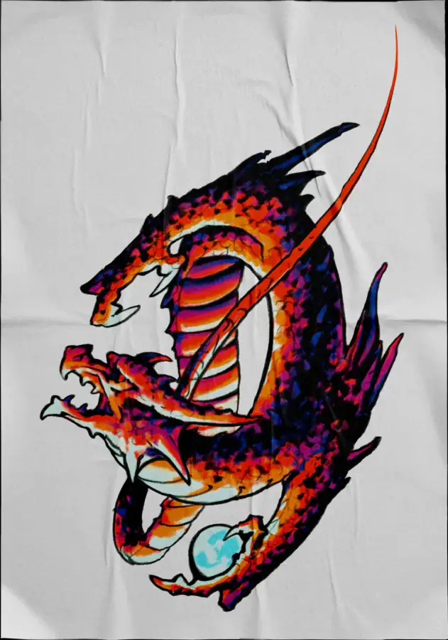 Diseño de tatuaje a color sobre tela: dragón rojo enroscado de perfil.