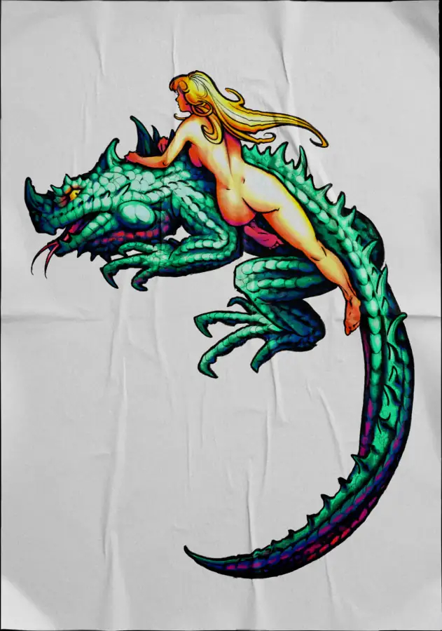 Diseño de tatuaje a color sobre tela: dragón verde con una sirena rubia sobre el lomo.