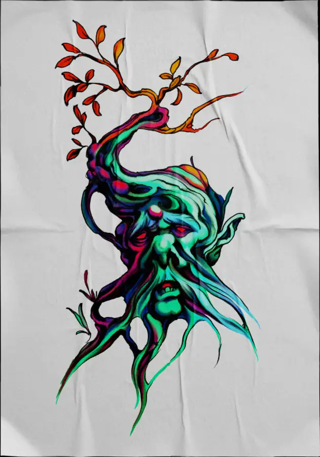 Diseño de tatuaje a color sobre tela: un espíritu del bosque verde con ramas y hojas rojas.