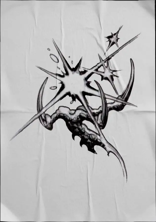 Diseño de tatuaje en negro sobre tela: estrella de puntas afiladas con espinas.
