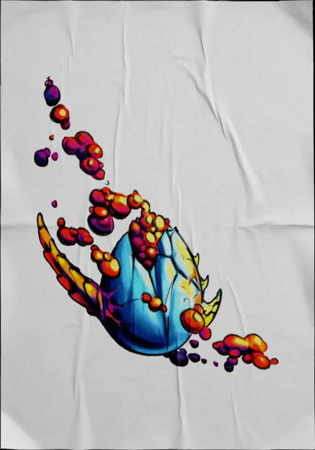 Diseño de tatuaje a color sobre tela: garra azul con burbujas naranjas.