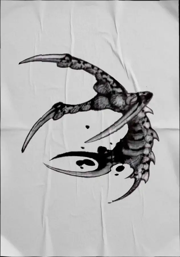 Diseño de tatuaje en negro sobre tela: garra con yin-yang entre las uñas.