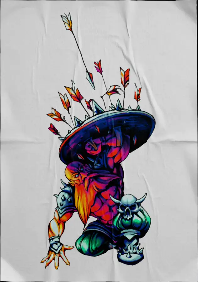 Diseño de tatuaje a color sobre tela: un gnomo con sombrero de flechas junto a una calavera.
