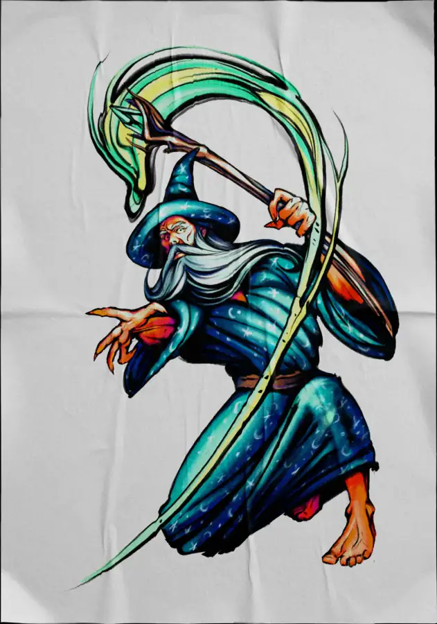 Diseño de tatuaje a color sobre tela: guerrero con guadaña y túnica azul.