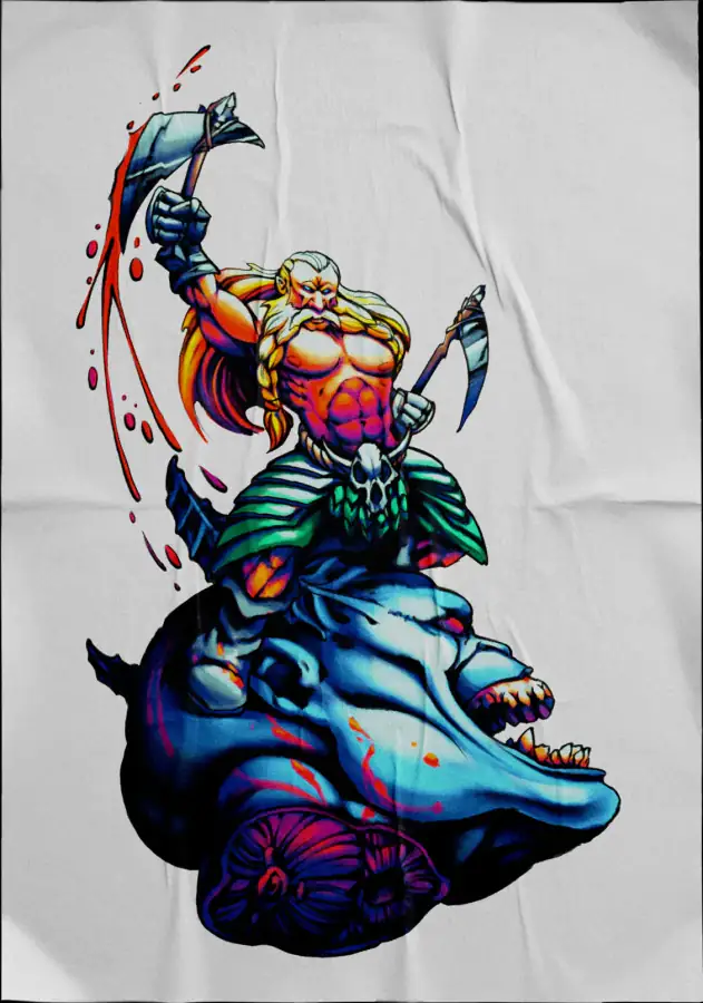 Diseño de tatuaje a color sobre tela: un guerrero con hacha sobre una criatura azul.