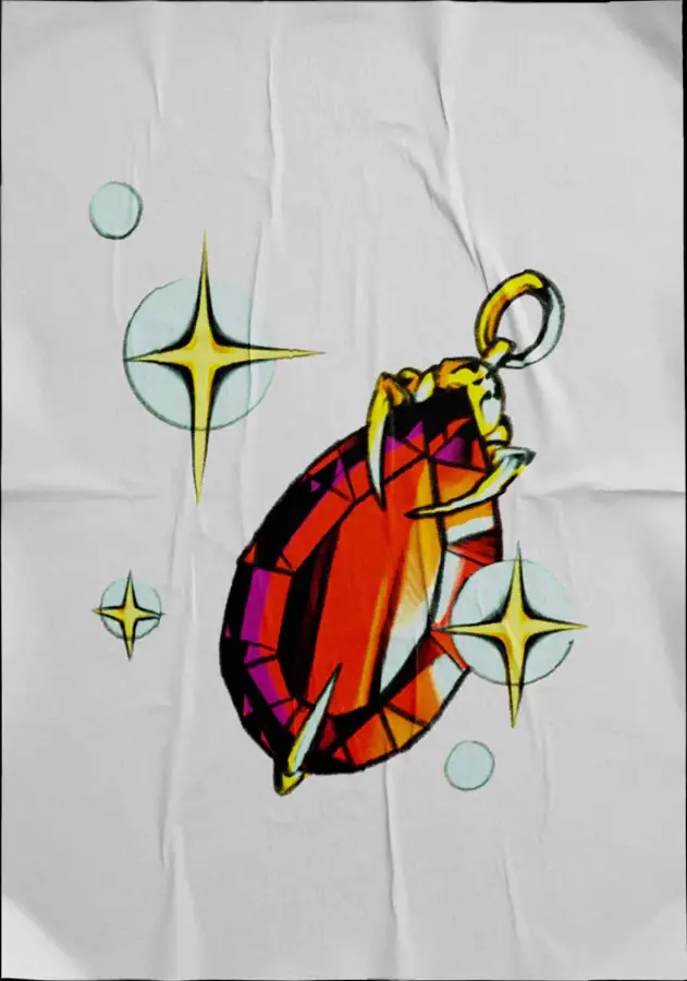 Diseño de tatuaje a color sobre tela: una joya roja engarzada con destellos.