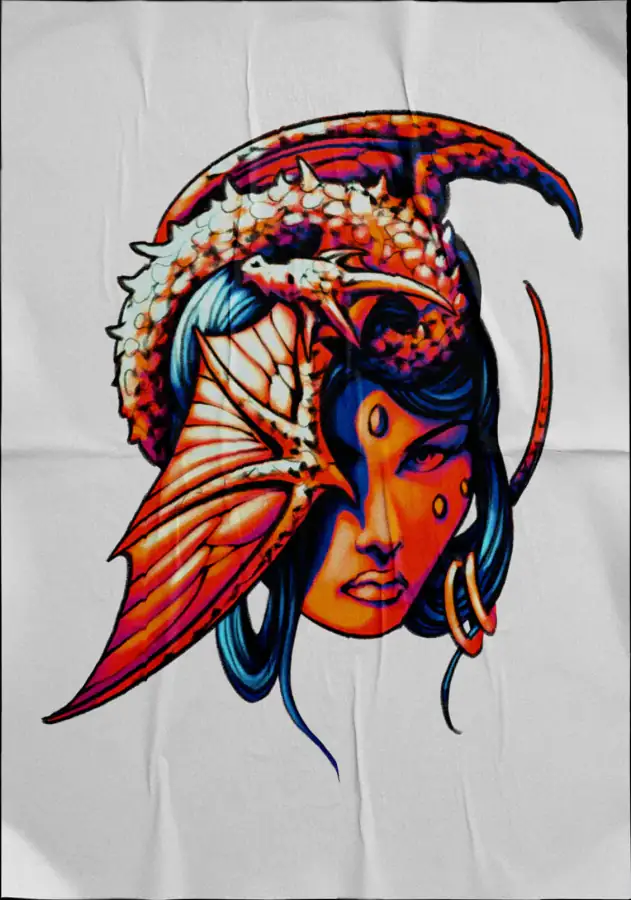 Diseño de tatuaje a color sobre tela: retrato de mujer con casco de dragón rojo.