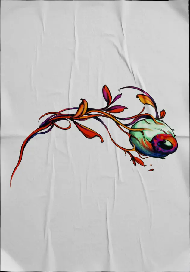 Diseño de tatuaje a color sobre tela: ojo entre ramas con hojas rojas.