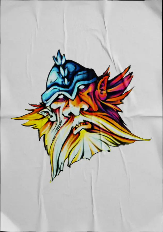Diseño de tatuaje a color sobre tela: busto de un rey barbado con casco alado.