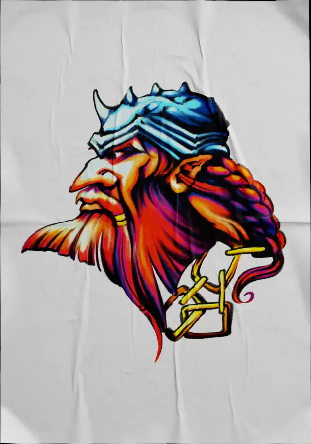 Diseño de tatuaje a color sobre tela: busto de un rey del mar con corona y tridente.