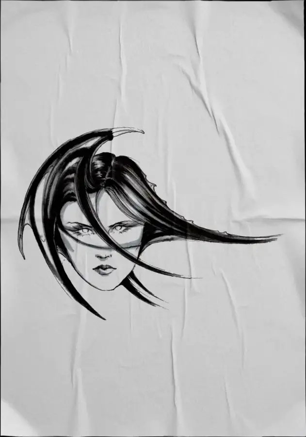 Diseño de tatuaje en negro sobre tela: rostro de mujer de melena larga al viento.