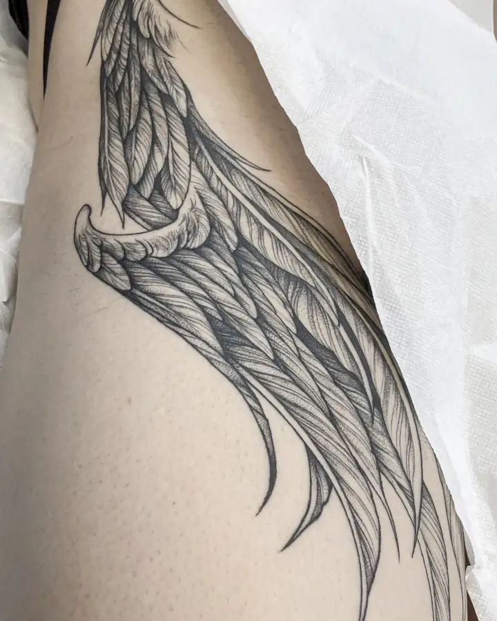 Cadera con un ala de plumas desplegada, sombreada a base de línea fina y puntos.
