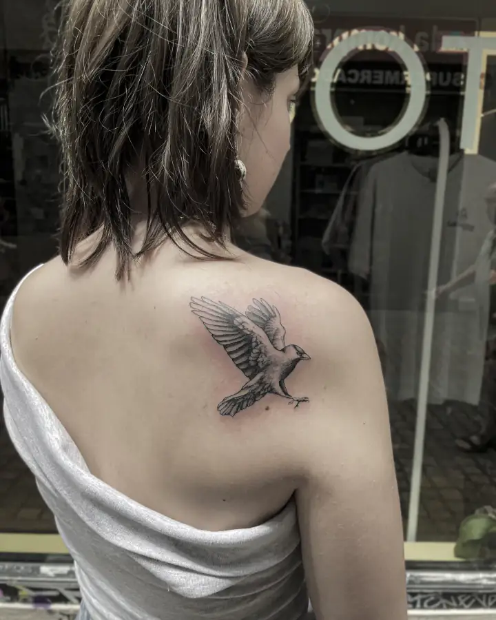 Omóplato con un pájaro al vuelo, el plumaje a línea fina y las sombras suaves en black & grey.
