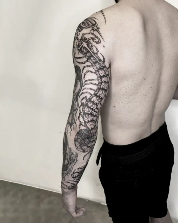 Brazo entero visto de espaldas, con un ciempiés gigante y formas orgánicas en black & grey y dotwork.