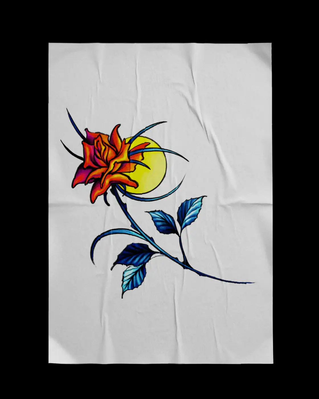Póster colgado con un diseño de InkSnake a color: una rosa naranja con espinas y hojas azules delante de una luna amarilla.