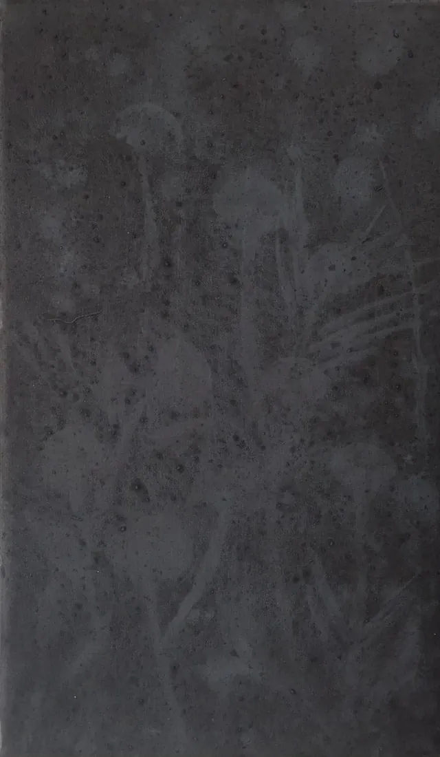 Lámina 1 de 7 de un políptico de láminas verticales gris oscuro en las que flores y tallos claros se reducen a manchas hasta casi desaparecer; en esta, gris oscuro con flores redondeadas y tallos claros.