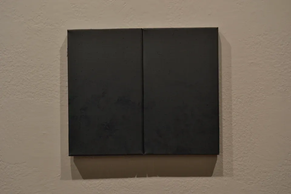 Díptico de dos lienzos verticales casi negros, colgados juntos en una pared clara, con manchas vegetales violáceas apenas visibles.