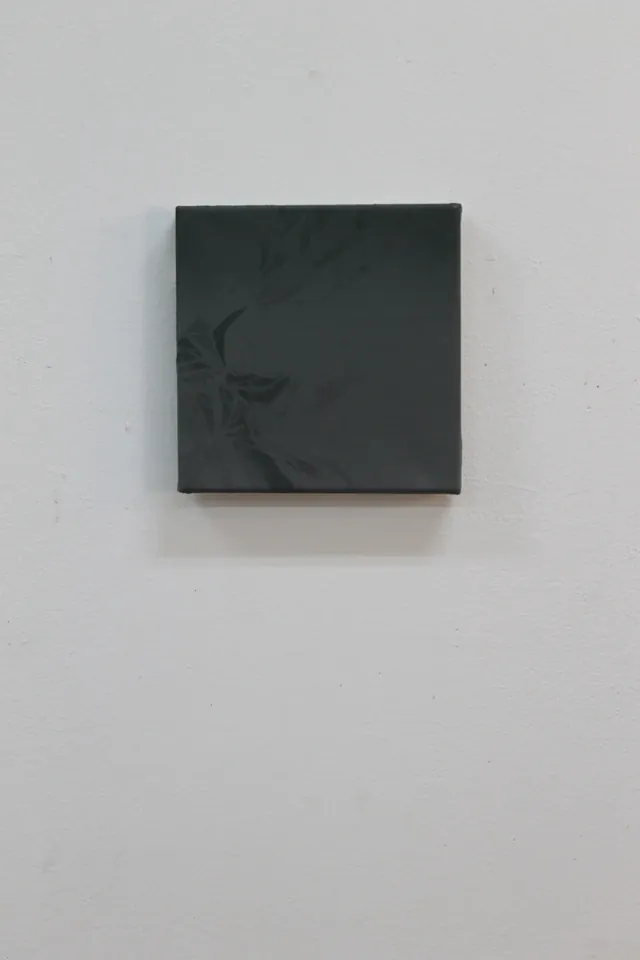 Pequeño lienzo en bastidor, verde grisáceo oscuro, colgado en una pared blanca, con formas de hojas en un tono más oscuro en su lado izquierdo.