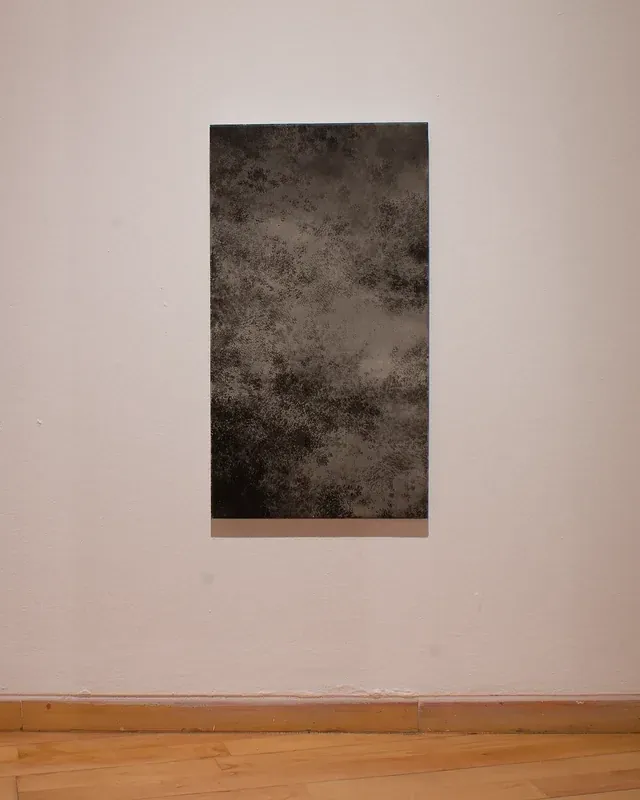 ST1 DE S.SKIA. Pieza vertical de textura moteada gris y negra montada en la pared blanca de una sala, con zócalo y suelo de madera debajo.