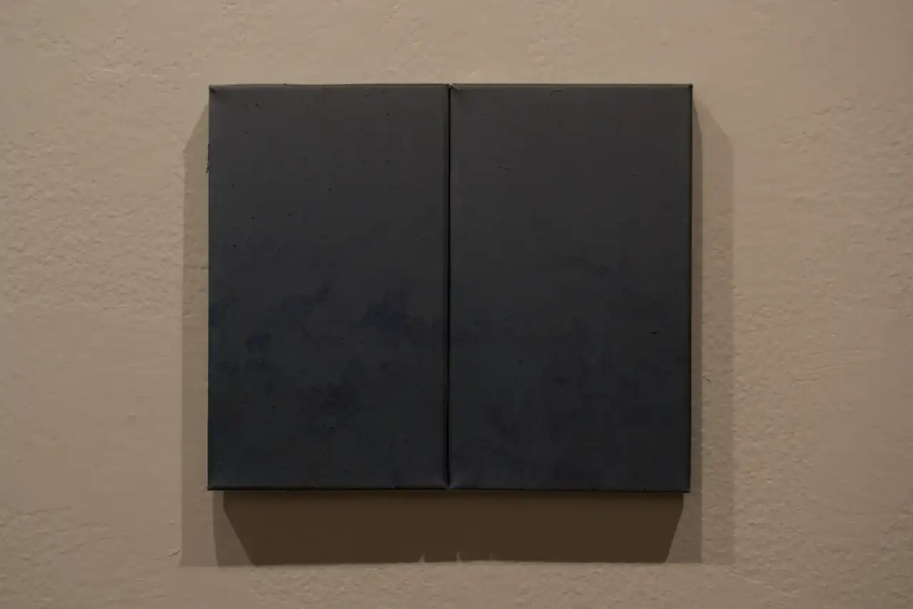 Díptico de dos lienzos verticales casi negros, colgados juntos en una pared clara, con manchas vegetales violáceas apenas visibles