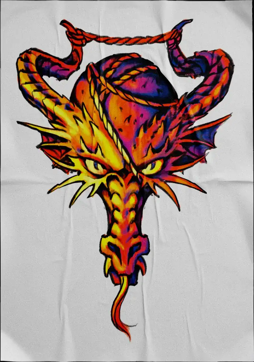 Diseño de tatuaje a color sobre tela: cabeza de dragón naranja con cuernos largos.