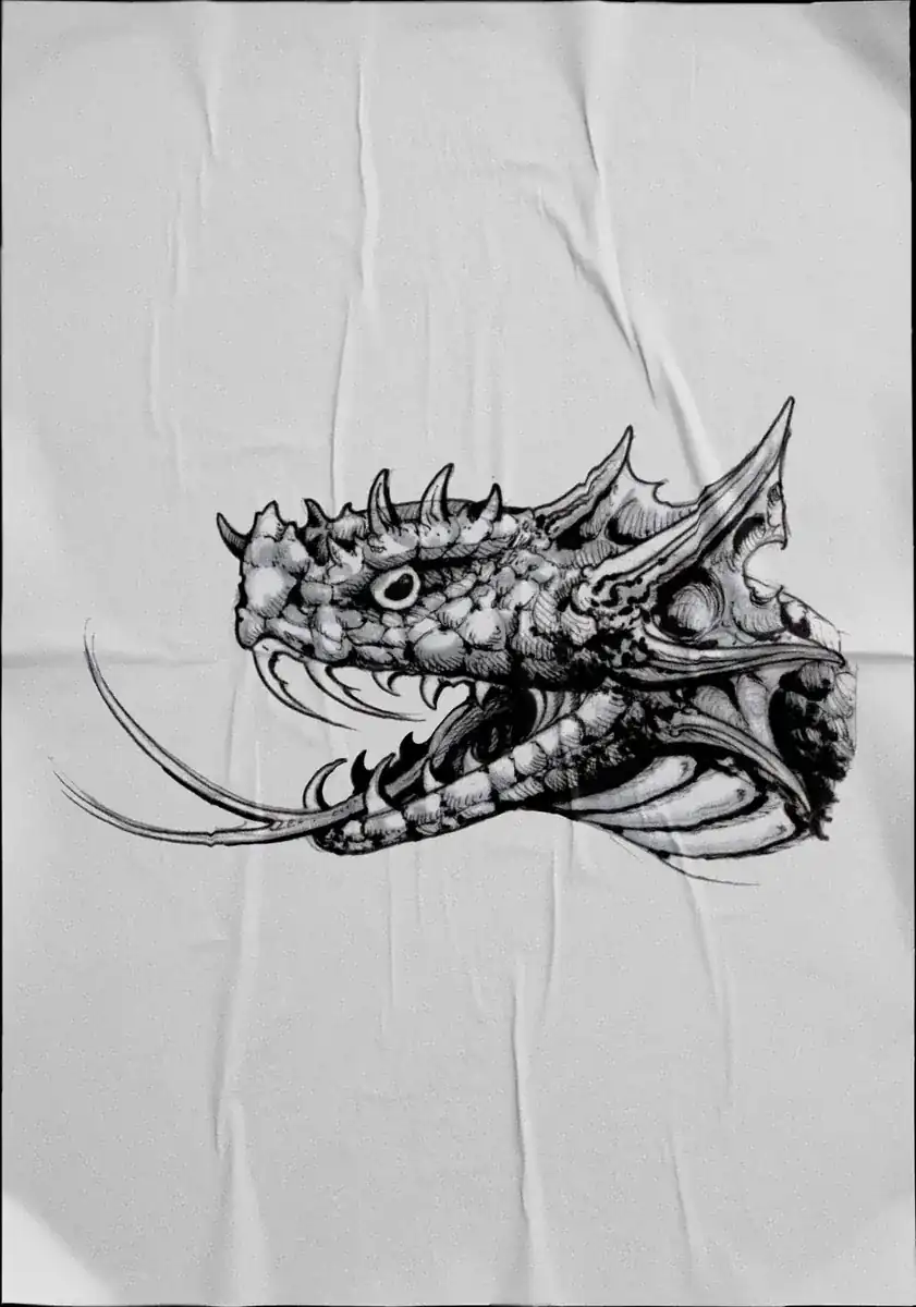 Diseño de tatuaje en negro sobre tela: cabeza de dragón con cuernos y escamas.