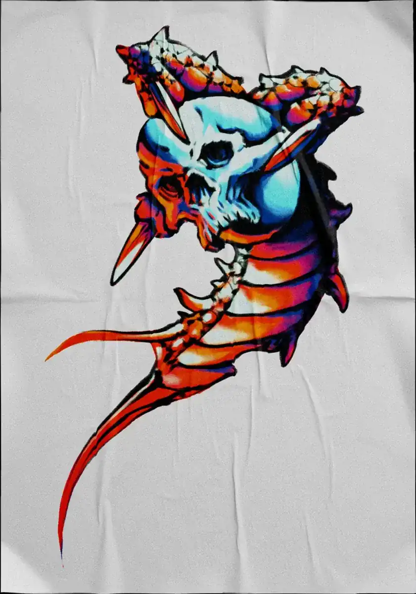Diseño de tatuaje a color sobre tela: calavera azul con cuerpo de criatura naranja.