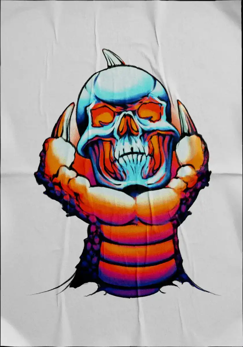 Diseño de tatuaje a color sobre tela: calavera azul sobre un cuerpo de gusano naranja.