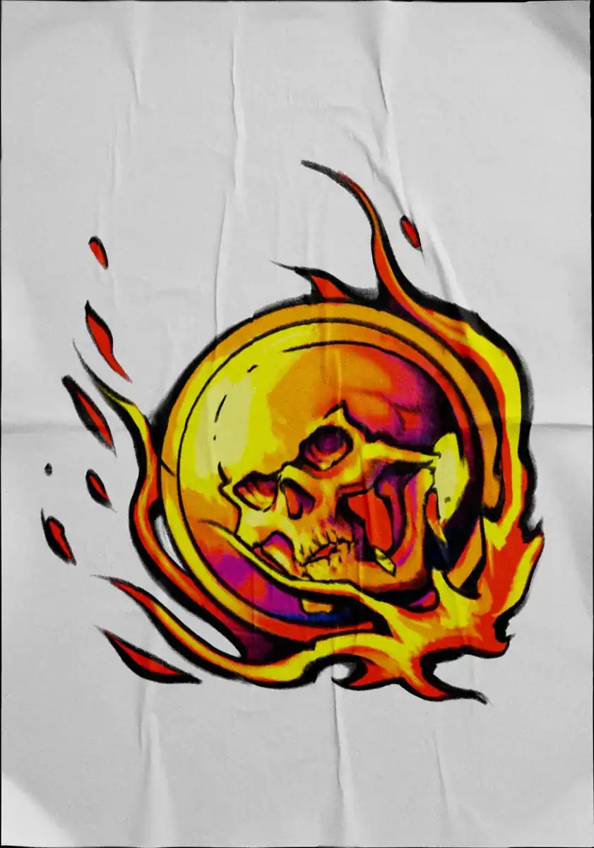Diseño de tatuaje a color sobre tela: calavera dentro de una esfera de fuego.