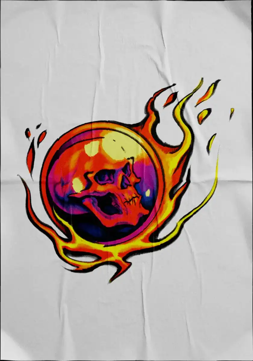 Diseño de tatuaje a color sobre tela: una calavera en llamas dentro de una esfera roja.