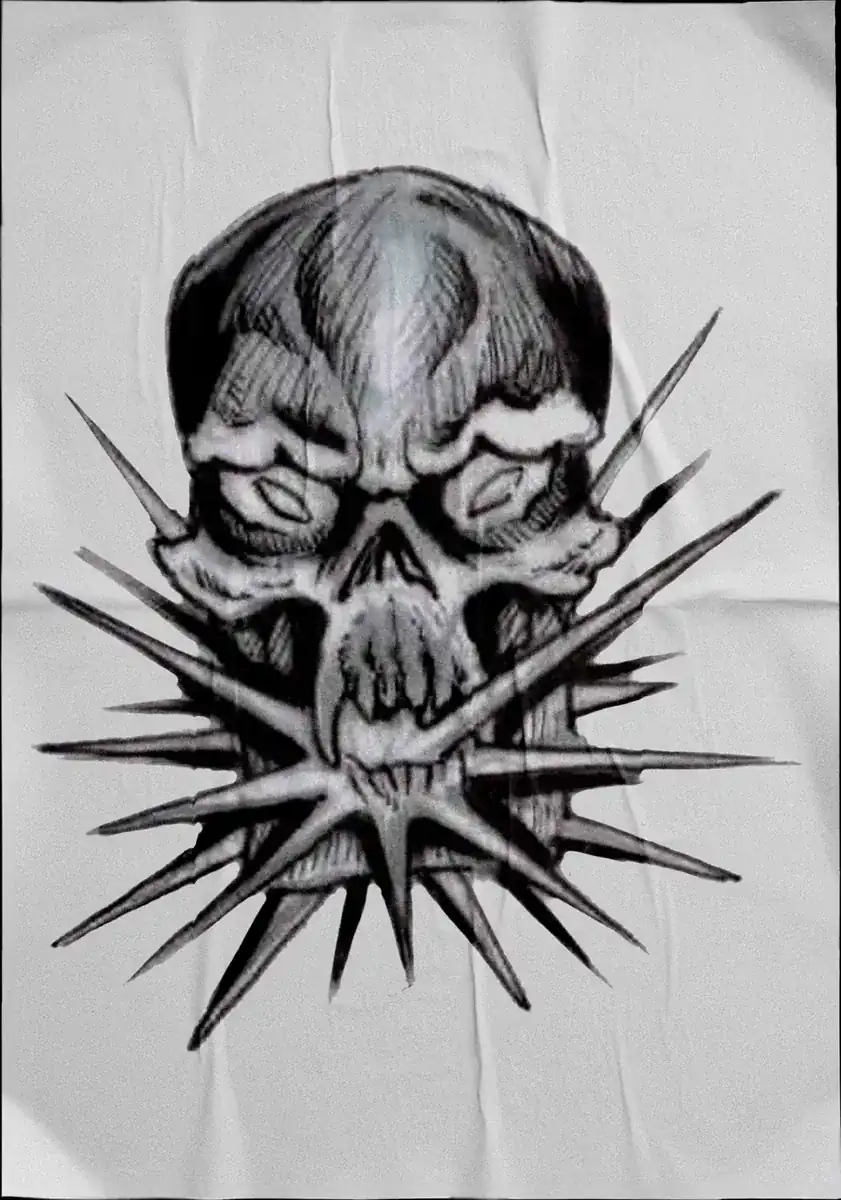 Diseño de tatuaje en negro sobre tela: calavera sobre una estrella de púas.