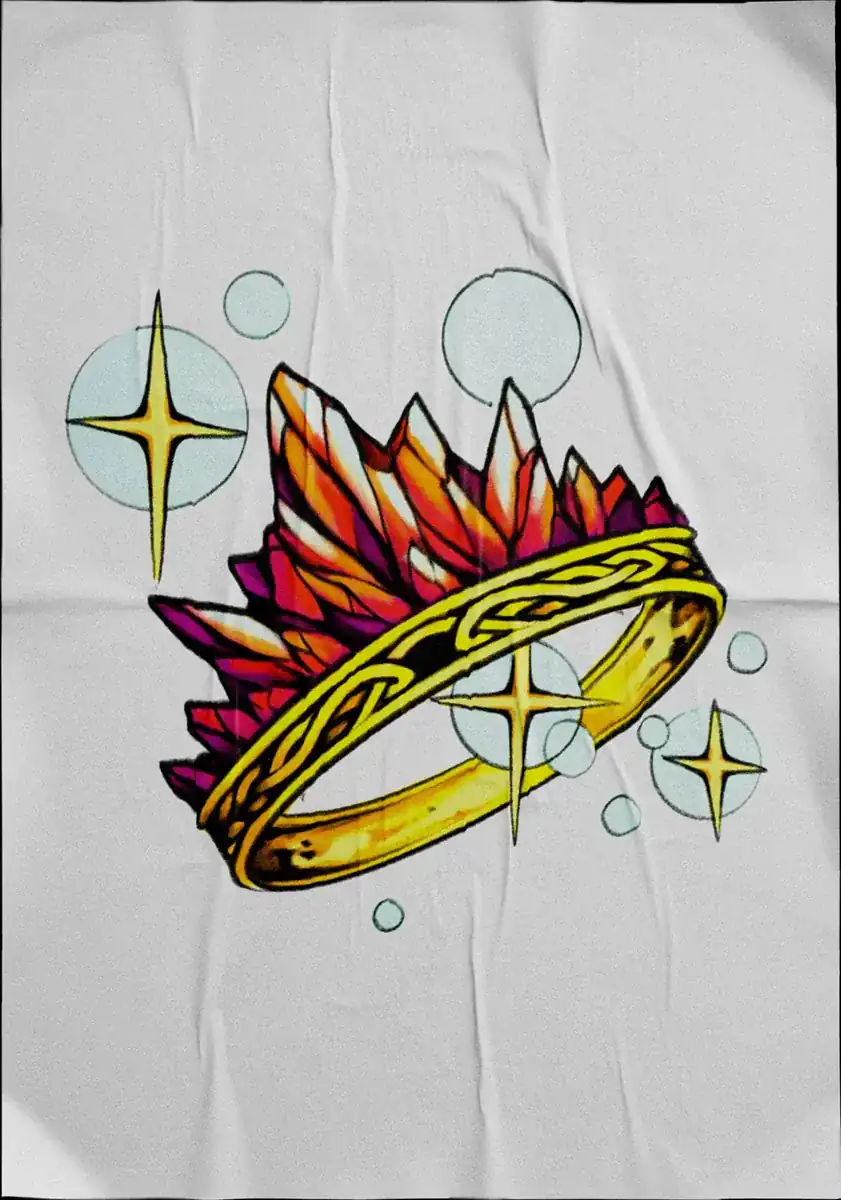 Diseño de tatuaje a color sobre tela: una corona en llamas con destellos.