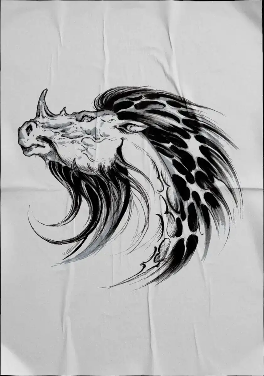 Diseño de tatuaje en negro sobre tela: criatura alada de fauces abiertas.