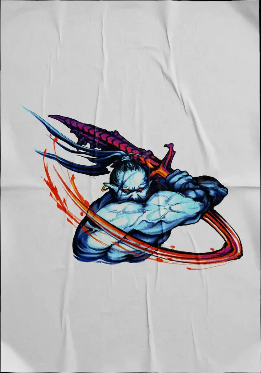 Diseño de tatuaje a color sobre tela: criatura azul con arma sobre un aro rojo.