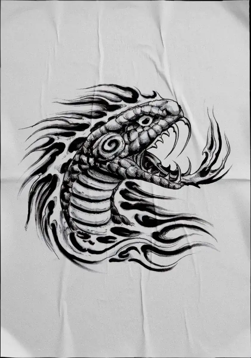 Diseño de tatuaje en negro sobre tela: criatura de fauces abiertas y lengua larga.