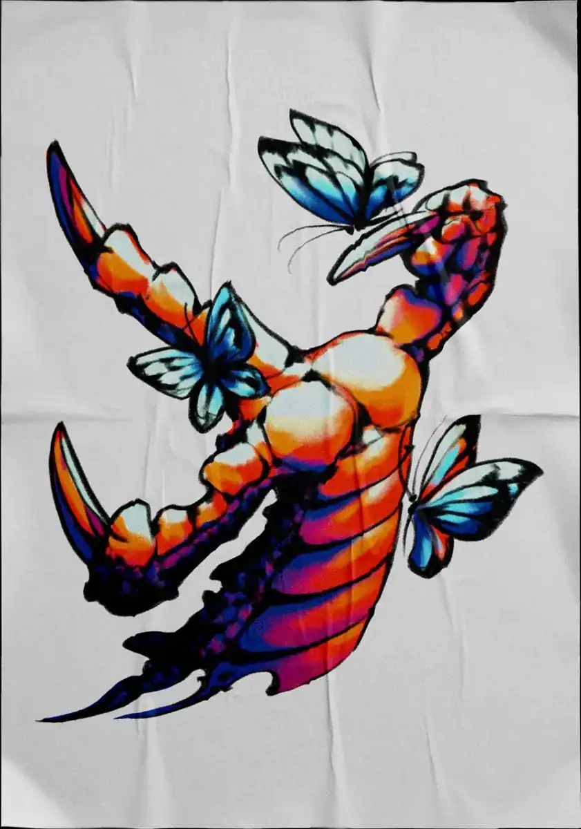 Diseño de tatuaje a color sobre tela: criatura con pinzas y mariposas azules.