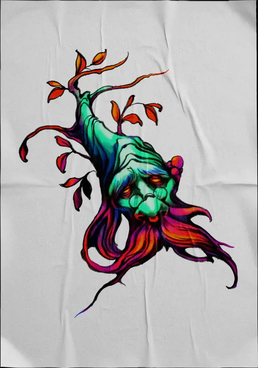 Diseño de tatuaje a color sobre tela: criatura verde de melena roja enroscada en una rama.